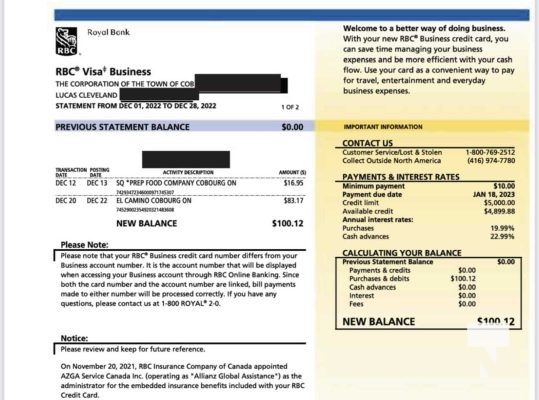 November 19, 2025 Cobourg Mayor Lucas Cleveland Credit Card Statements 2821
