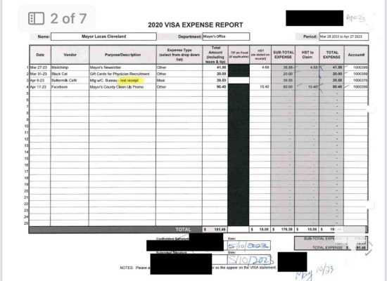 November 19, 2025 Cobourg Mayor Lucas Cleveland Credit Card Statements 2825