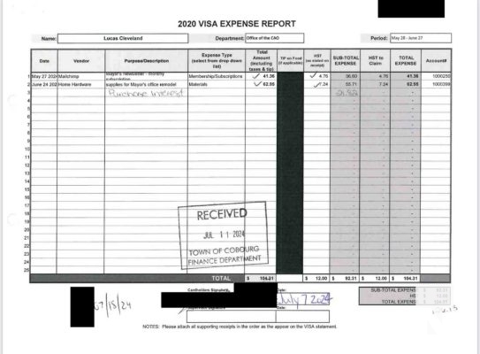 November 19, 2025 Cobourg Mayor Lucas Cleveland Credit Card Statements 2839