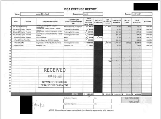November 19, 2025 Cobourg Mayor Lucas Cleveland Credit Card Statements 2847